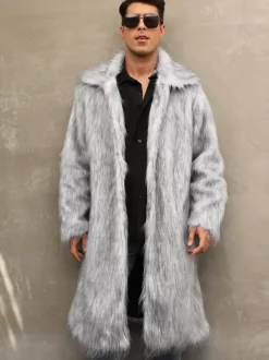 Maxi Men's Faux Fur Coat Long-Sleeved Light Gray Jacket with Turn-Down Collar