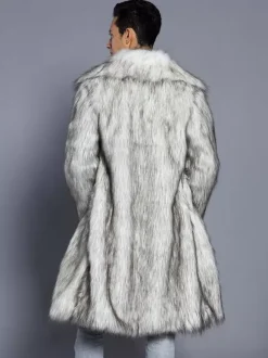 Maxi Men's Faux Fur Coat Long-Sleeved Light Gray Jacket with Turn-Down Collar