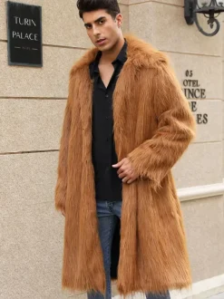 Maxi Men's Faux Fur Coat Long-Sleeved Light Gray Jacket with Turn-Down Collar