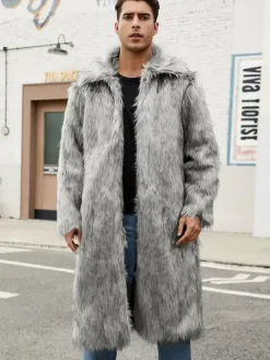Maxi Men's Faux Fur Coat Long-Sleeved Light Gray Jacket with Turn-Down Collar