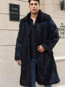 Maxi Men's Faux Fur Coat Long-Sleeved Light Gray Jacket with Turn-Down Collar