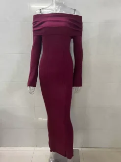 Maxi Off Shoulder Knit Dress With Flare Sleeve For Women 2026