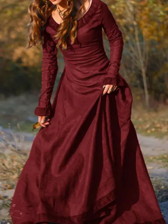 Medieval Vintage Dress Brown Layered Long Sleeves Swing Dress Cosplay Costume Carnival