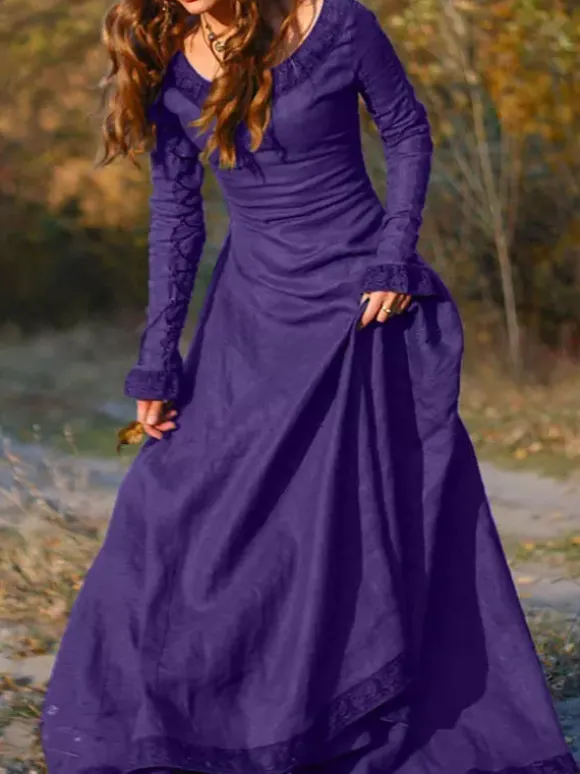 Medieval Vintage Dress Brown Layered Long Sleeves Swing Dress Cosplay Costume Carnival