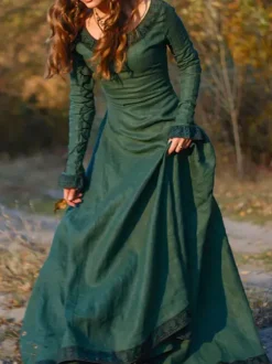 Medieval Vintage Dress Brown Layered Long Sleeves Swing Dress Cosplay Costume Carnival