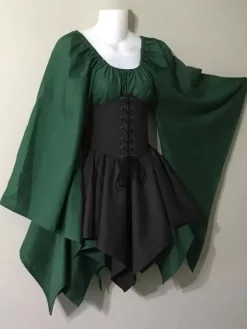 Medieval Vintage Dress Brown Layered Long SleevesHalter Swing Dress Prom Dress