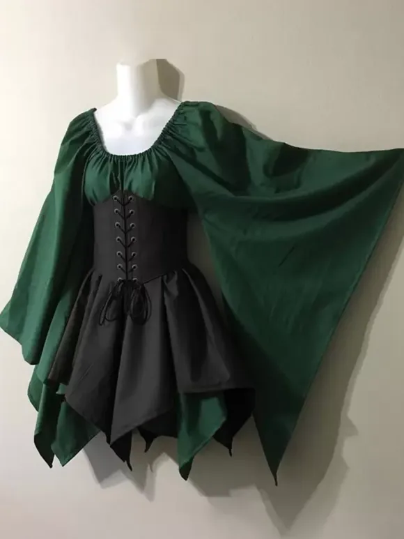 Medieval Vintage Dress Brown Layered Long SleevesHalter Swing Dress Prom Dress