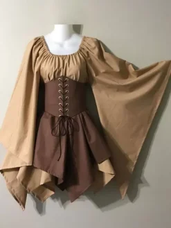 Medieval Vintage Dress Brown Layered Long SleevesHalter Swing Dress Prom Dress