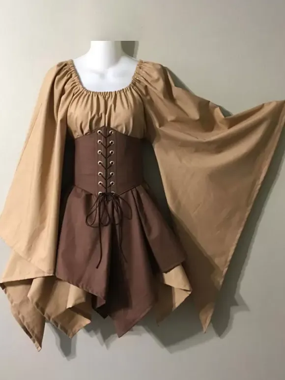 Medieval Vintage Dress Brown Layered Long SleevesHalter Swing Dress Prom Dress