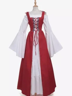 Medieval Vintage Dress Green Layered Long Sleeves Swing Dress Cosplay Costume Carnival Burgundy