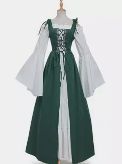 Medieval Vintage Dress Green Layered Long Sleeves Swing Dress Cosplay Costume Carnival Burgundy