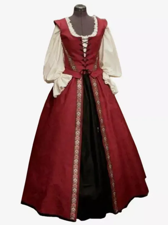 Medieval Vintage Dress Red Layered Bows Sleeveless Halter Swing Dress Prom Dress Burgundy