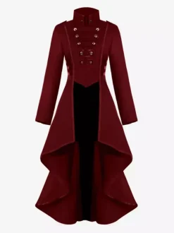 Medieval Renaissance Women's Black Stand Collar Coat Button High Low Jacket Gothic Uniform Burgundy