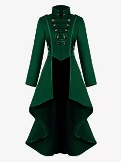 Medieval Renaissance Women's Black Stand Collar Coat Button High Low Jacket Gothic Uniform Burgundy