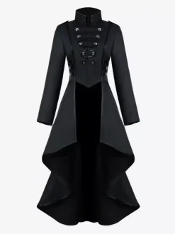Medieval Renaissance Women's Black Stand Collar Coat Button High Low Jacket Gothic Uniform Burgundy