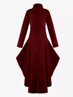 Medieval Renaissance Women's Black Stand Collar Coat Button High Low Jacket Gothic Uniform Burgundy