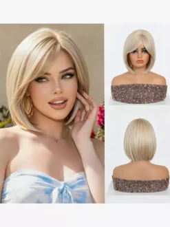 Medium Bob Synthetic Wig Side Bang Ombre Highlight Heat Resistant Hair Wig