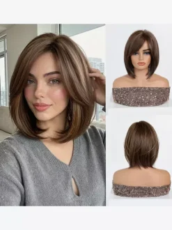 Medium Bob Synthetic Wig Side Bang Ombre Highlight Heat Resistant Hair Wig