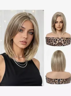 Medium Bob Synthetic Wig Side Bang Ombre Highlight Heat Resistant Hair Wig