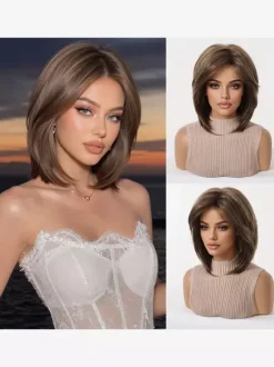 Medium Bob Synthetic Wig Side Bang Ombre Highlight Heat Resistant Hair Wig