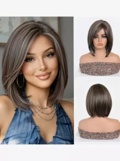 Medium Bob Synthetic Wig Side Bang Ombre Highlight Heat Resistant Hair Wig