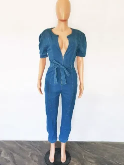 Medium Blue Washed Denim Jumpsuit For Women - Retro Puff Sleeve Belted Zip Front Bodycon Romper - Summer Chic Streetwear 2026