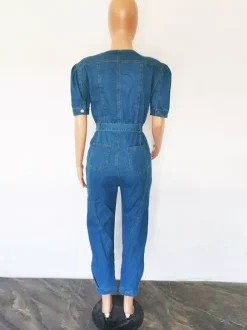 Medium Blue Washed Denim Jumpsuit For Women - Retro Puff Sleeve Belted Zip Front Bodycon Romper - Summer Chic Streetwear 2026