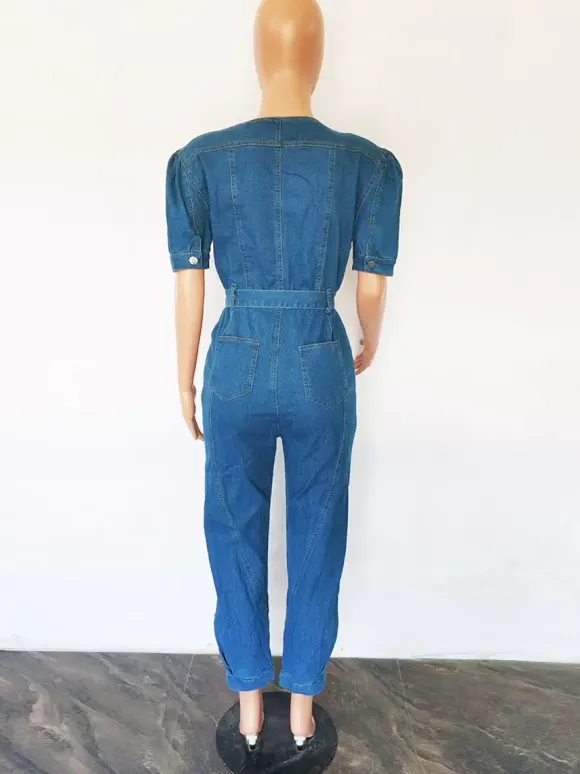 Medium Blue Washed Denim Jumpsuit For Women - Retro Puff Sleeve Belted Zip Front Bodycon Romper - Summer Chic Streetwear 2026