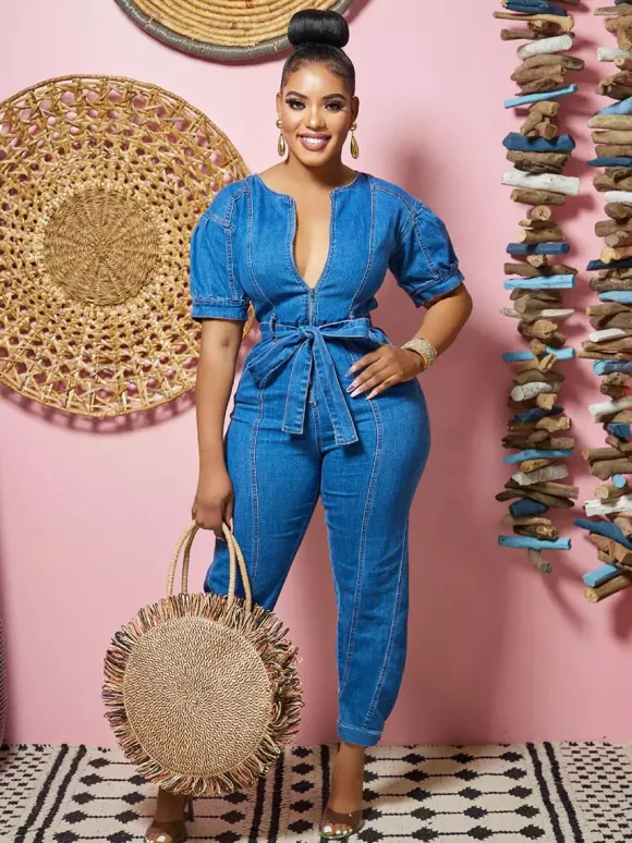 Medium Blue Washed Denim Jumpsuit For Women - Retro Puff Sleeve Belted Zip Front Bodycon Romper - Summer Chic Streetwear 2026