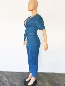 Medium Blue Washed Denim Jumpsuit For Women - Retro Puff Sleeve Belted Zip Front Bodycon Romper - Summer Chic Streetwear 2026