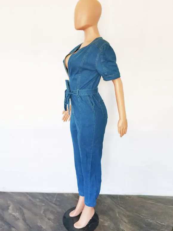 Medium Blue Washed Denim Jumpsuit For Women - Retro Puff Sleeve Belted Zip Front Bodycon Romper - Summer Chic Streetwear 2026