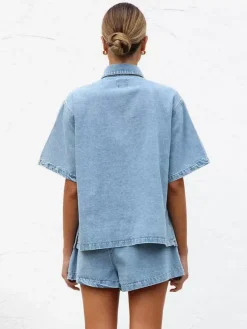 Medium Washed Denim 2 Piece Set For Women - Drawstring Shorts With Button Up Shirt - Summer Casual Vacation Outfits 2026