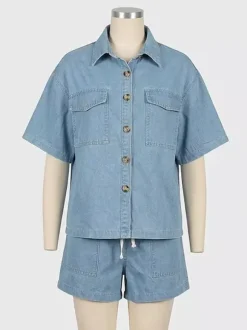 Medium Washed Denim 2 Piece Set For Women - Drawstring Shorts With Button Up Shirt - Summer Casual Vacation Outfits 2026
