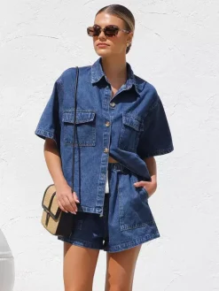 Medium Washed Denim 2 Piece Set For Women - Drawstring Shorts With Button Up Shirt - Summer Casual Vacation Outfits 2026