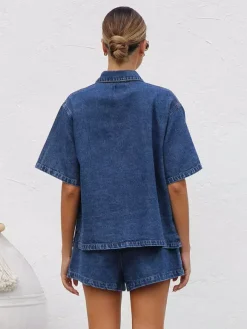 Medium Washed Denim 2 Piece Set For Women - Drawstring Shorts With Button Up Shirt - Summer Casual Vacation Outfits 2026