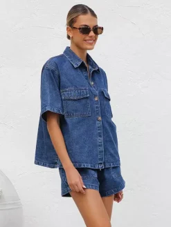 Medium Washed Denim 2 Piece Set For Women - Drawstring Shorts With Button Up Shirt - Summer Casual Vacation Outfits 2026