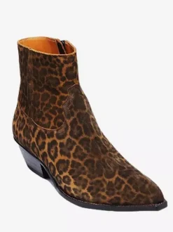 Men Chelsea Ankle Boots Leather Pony Hair Leopard Boot with Side Zipper Heel Boots