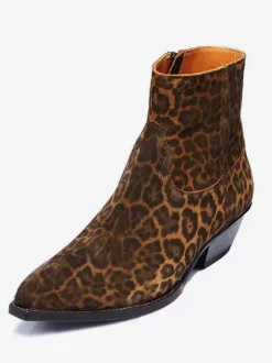Men Chelsea Ankle Boots Leather Pony Hair Leopard Boot with Side Zipper Heel Boots
