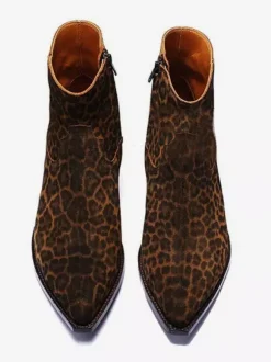 Men Chelsea Ankle Boots Leather Pony Hair Leopard Boot with Side Zipper Heel Boots