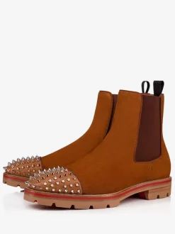 Men Chelsea Spike Boots Suede Leather Round Toe Chunky Lug Soles Elasticated Gussets Pull Tabs Slip On Ankle Boots