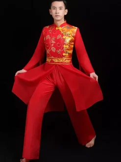 Men Chinese Costumes Red Dragon Dance Outfit Kung Fu Carnival Costumes