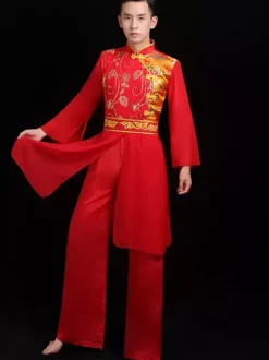 Men Chinese Costumes Red Dragon Dance Outfit Kung Fu Carnival Costumes