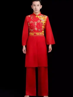 Men Chinese Costumes Red Dragon Dance Outfit Kung Fu Carnival Costumes