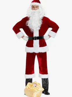 Men Christmas Costume Full Set Burgundy Polyester Fiber Hat Sash Gloves Polyester Color Block Christmas Holidays Costumes