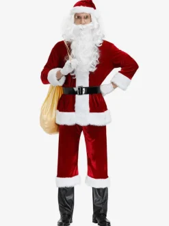 Men Christmas Costume Full Set Burgundy Polyester Fiber Hat Sash Gloves Polyester Color Block Christmas Holidays Costumes
