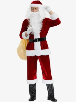 Men Christmas Costume Full Set Burgundy Polyester Fiber Hat Sash Gloves Polyester Color Block Christmas Holidays Costumes