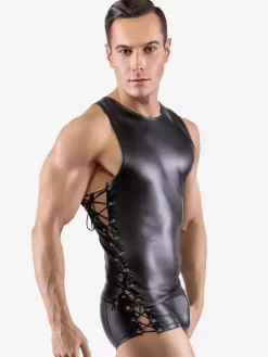 Men Faux Leather Sleeveless Bodysuit Side Lace Up Teddy
