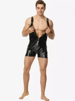 Men Faux Leather Suspender Short Bodysuit Front Zipper Teddy