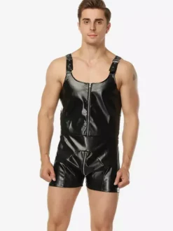 Men Faux Leather Suspender Short Bodysuit Front Zipper Teddy