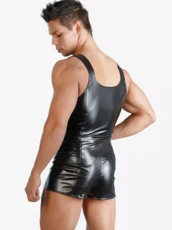 Men Faux Leather Suspender Short Bodysuit Front Zipper Teddy